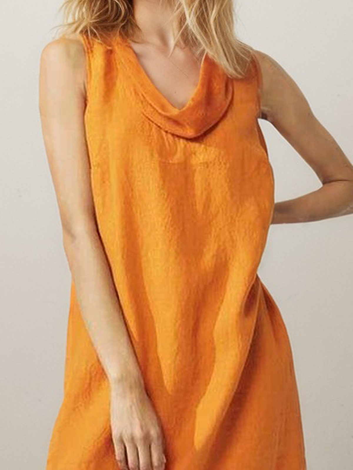 Linen Cowl Neck Plain Sleeveless Midi Dress