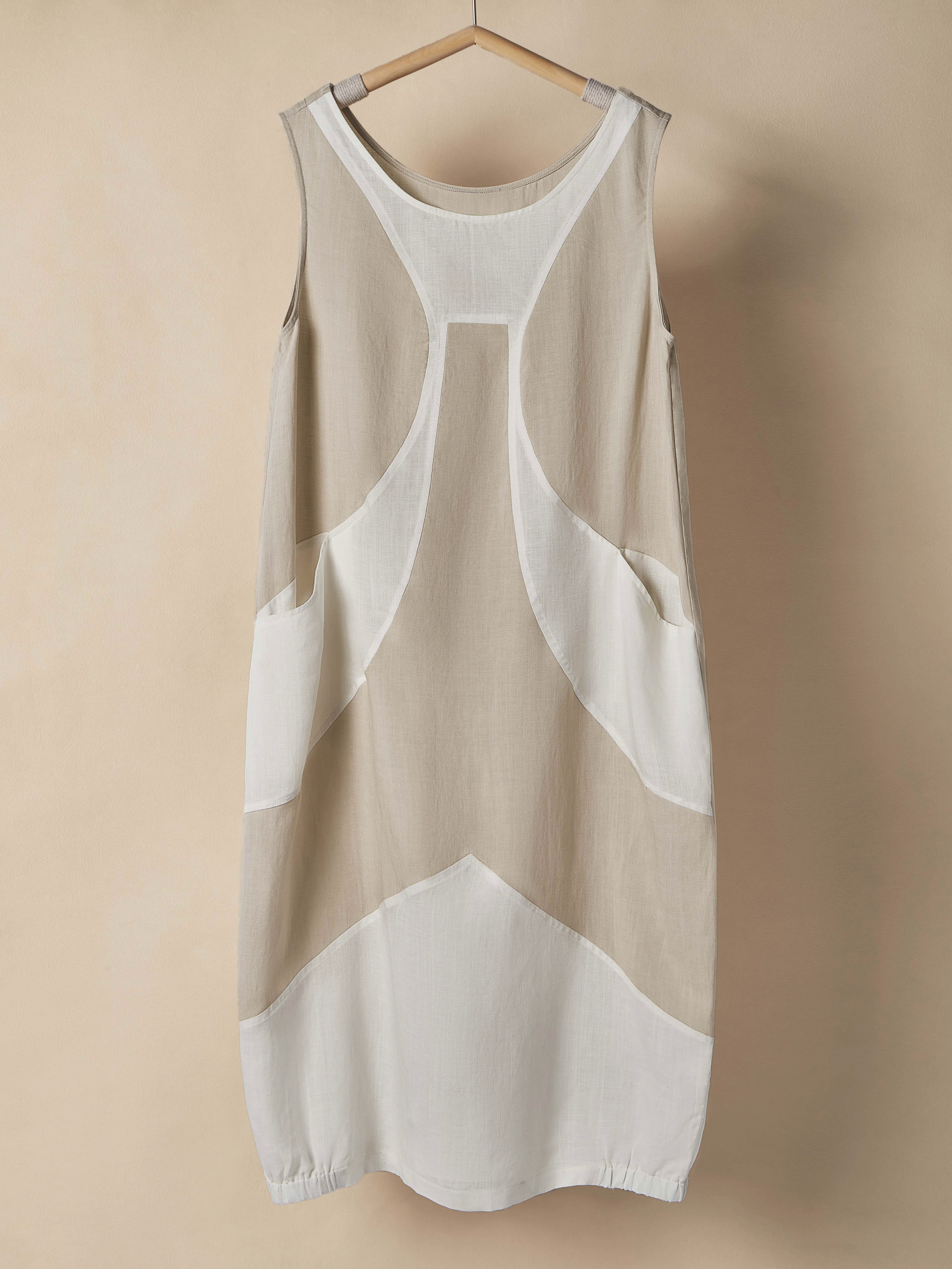 Linen-Cotton Geometric Patchwork Sleeveless Relaxed Fit Minimalist Natural Style Dress