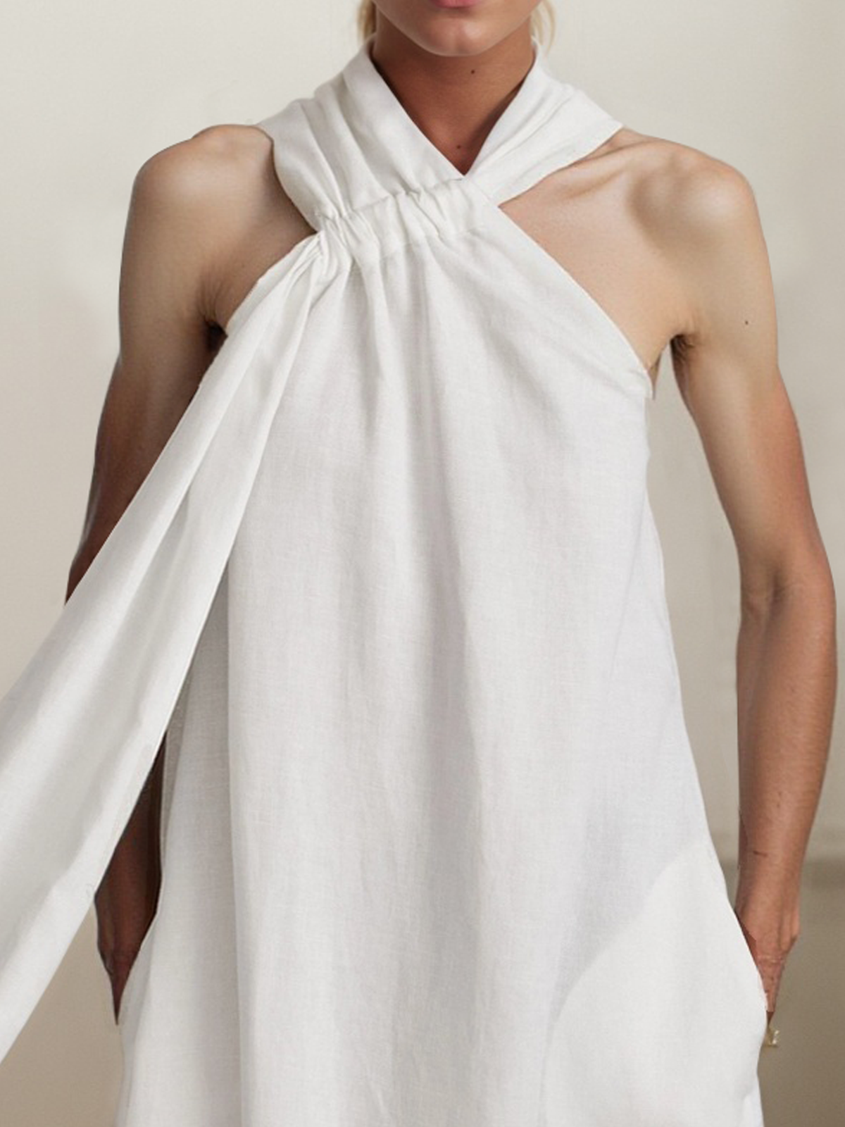 Linen Halter Plain Sleeveless Midi Dress