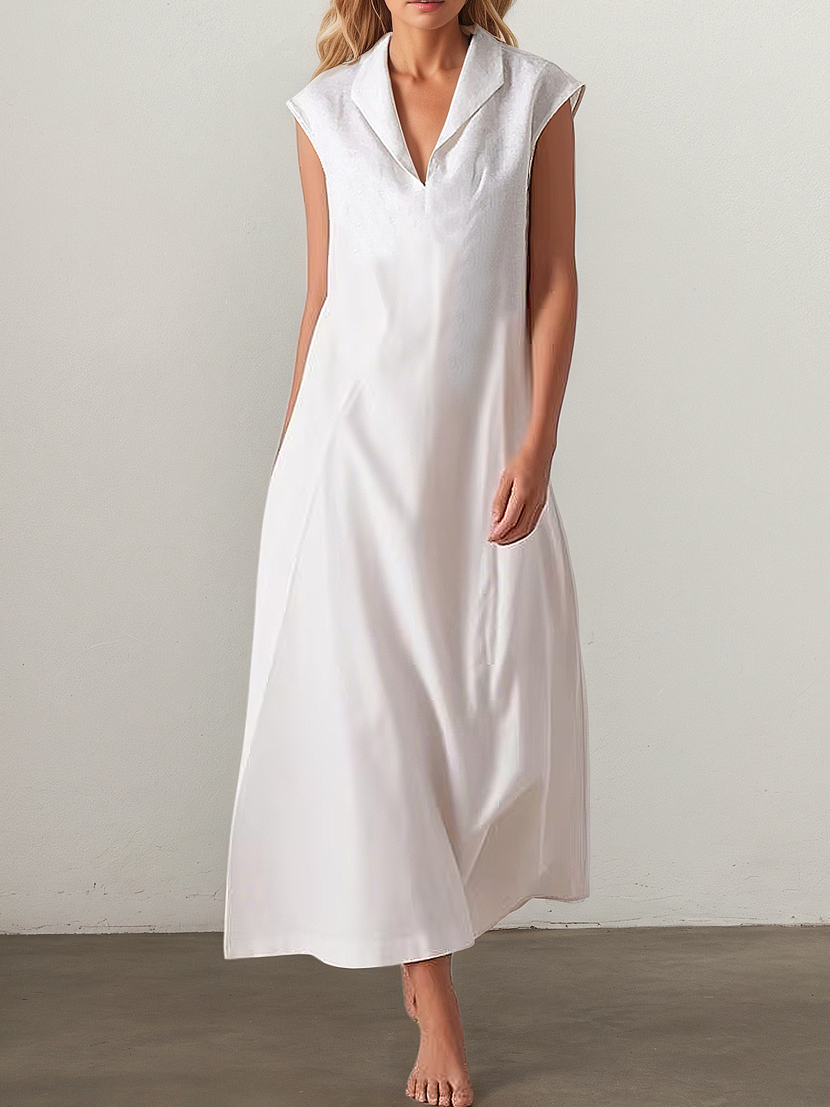 Linen Shawl Collar Plain Cap Sleeve Maxi Dress