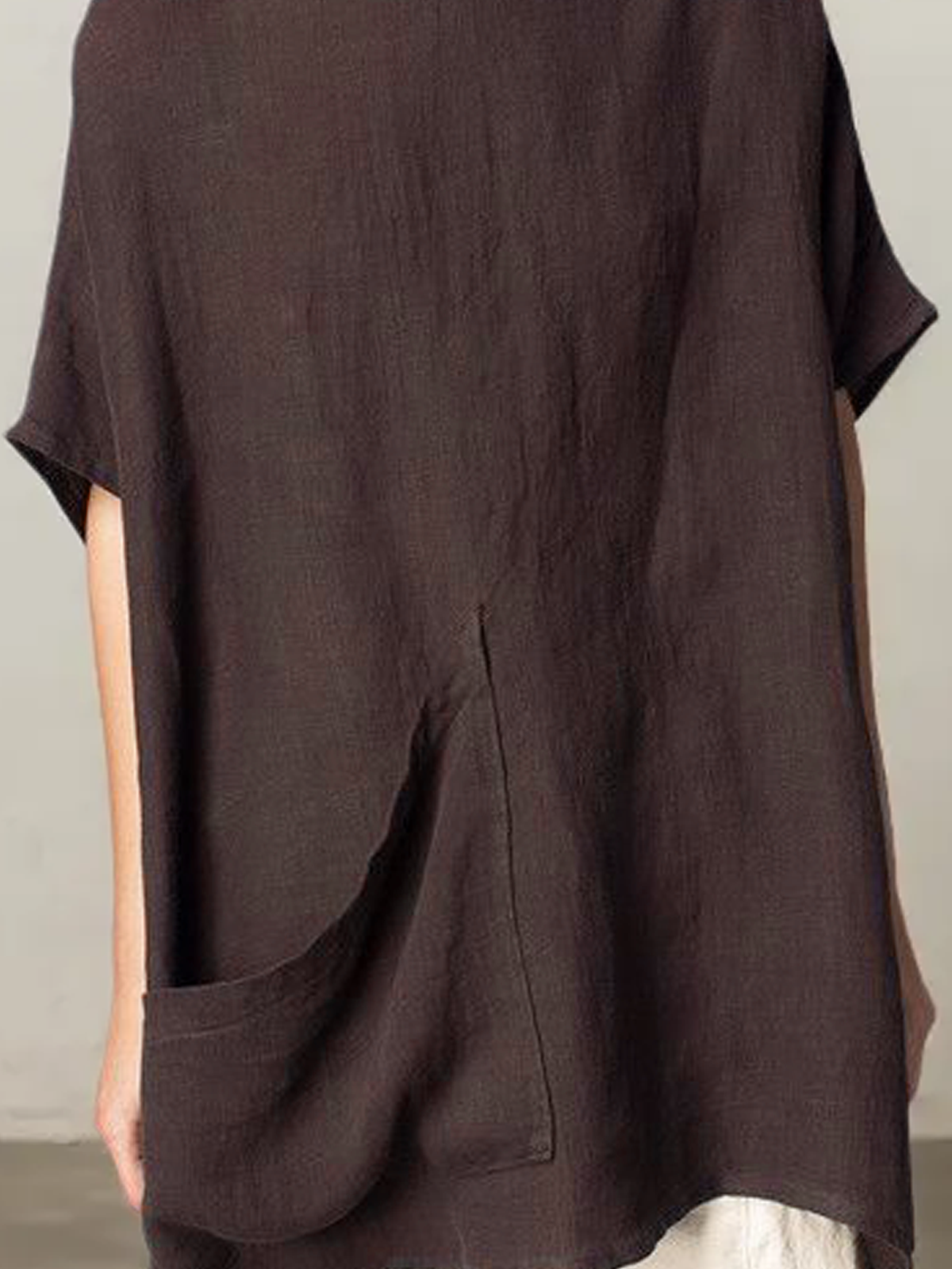 Cotton And Linen Crew Neck Plain Short Sleeve Blouse