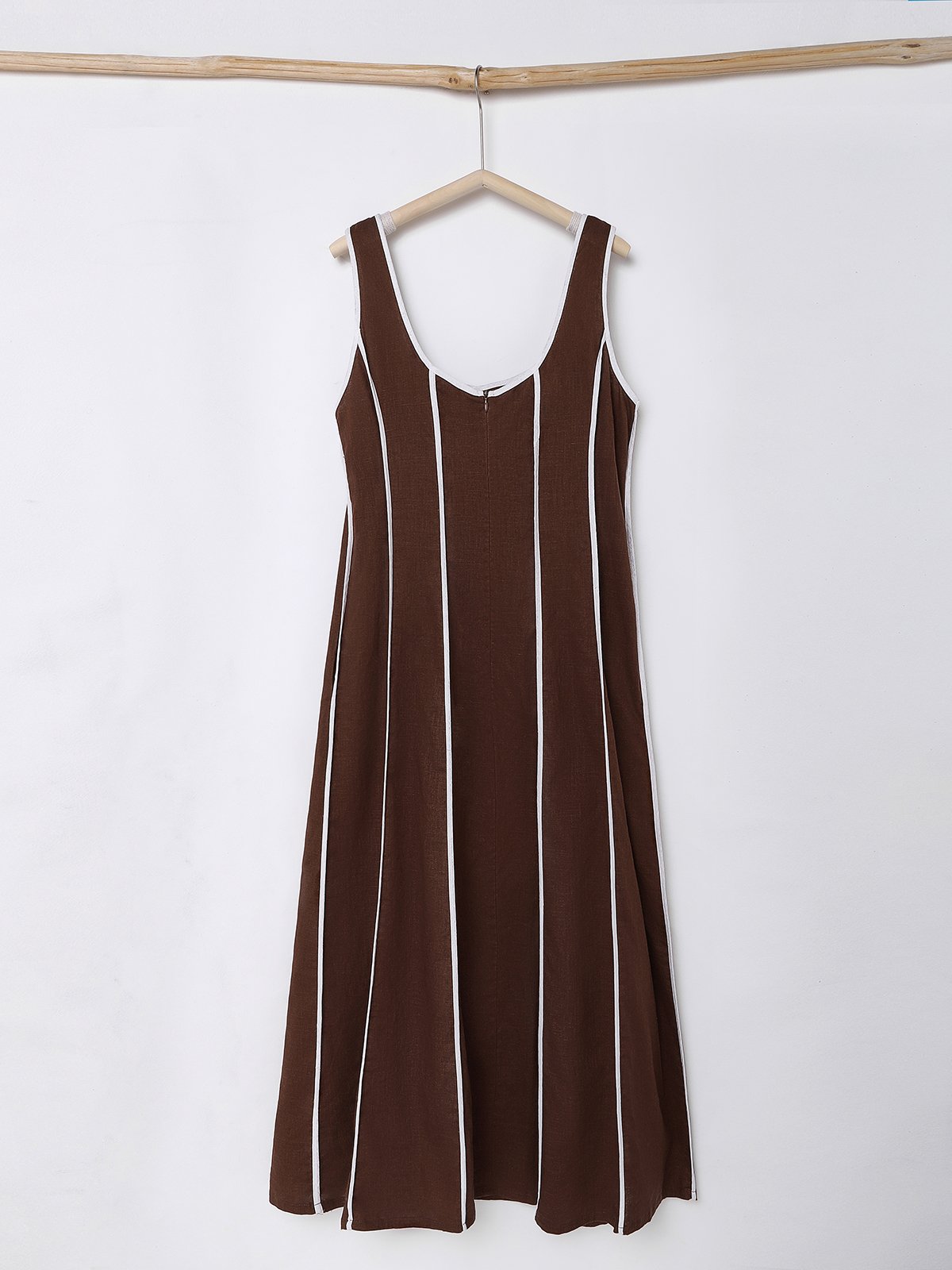 Cotton And Linen Crew Neck Striped Sleeveless Maxi Dress