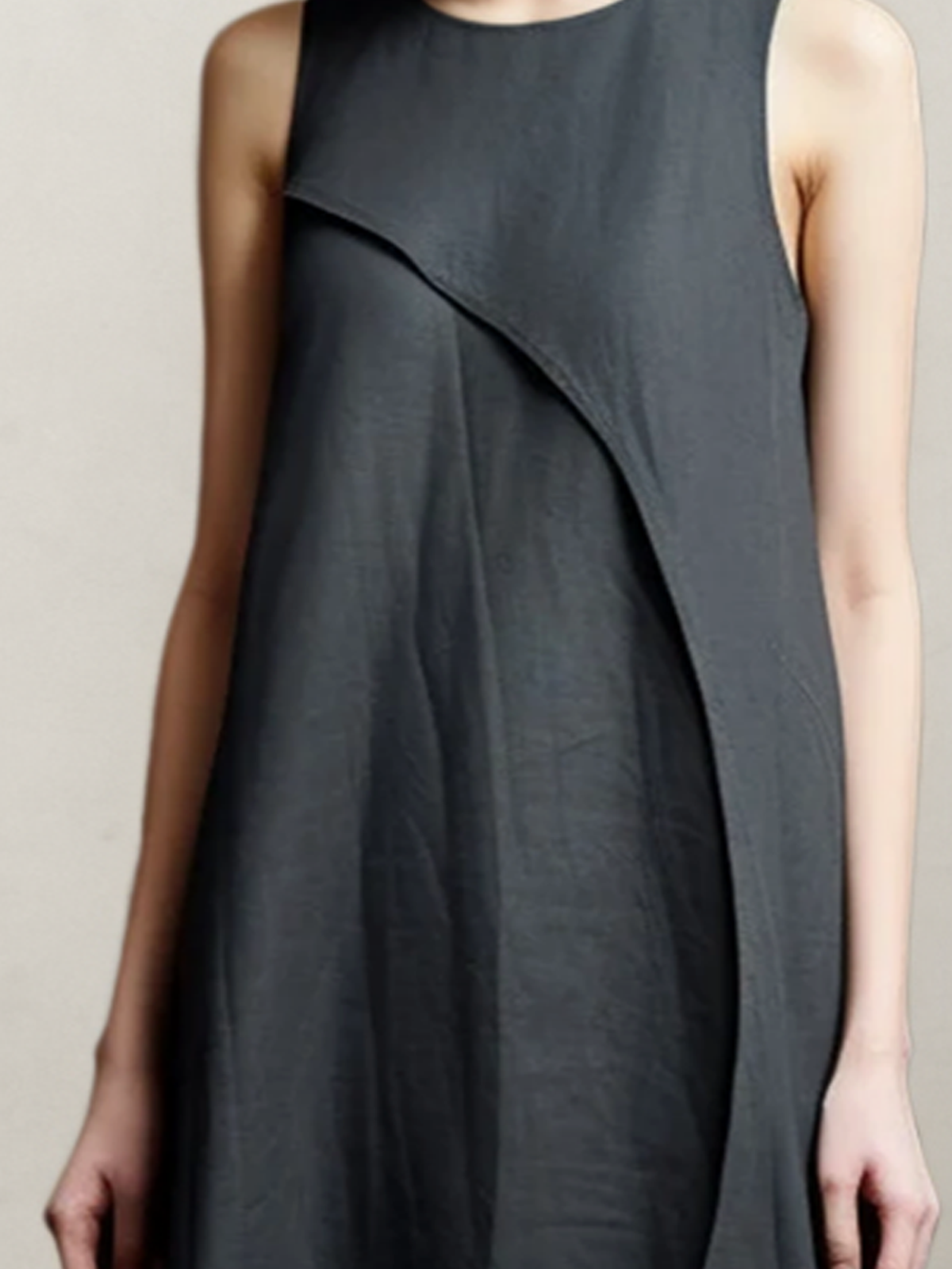 Cotton And Linen Crew Neck Plain Sleeveless Mini Dress