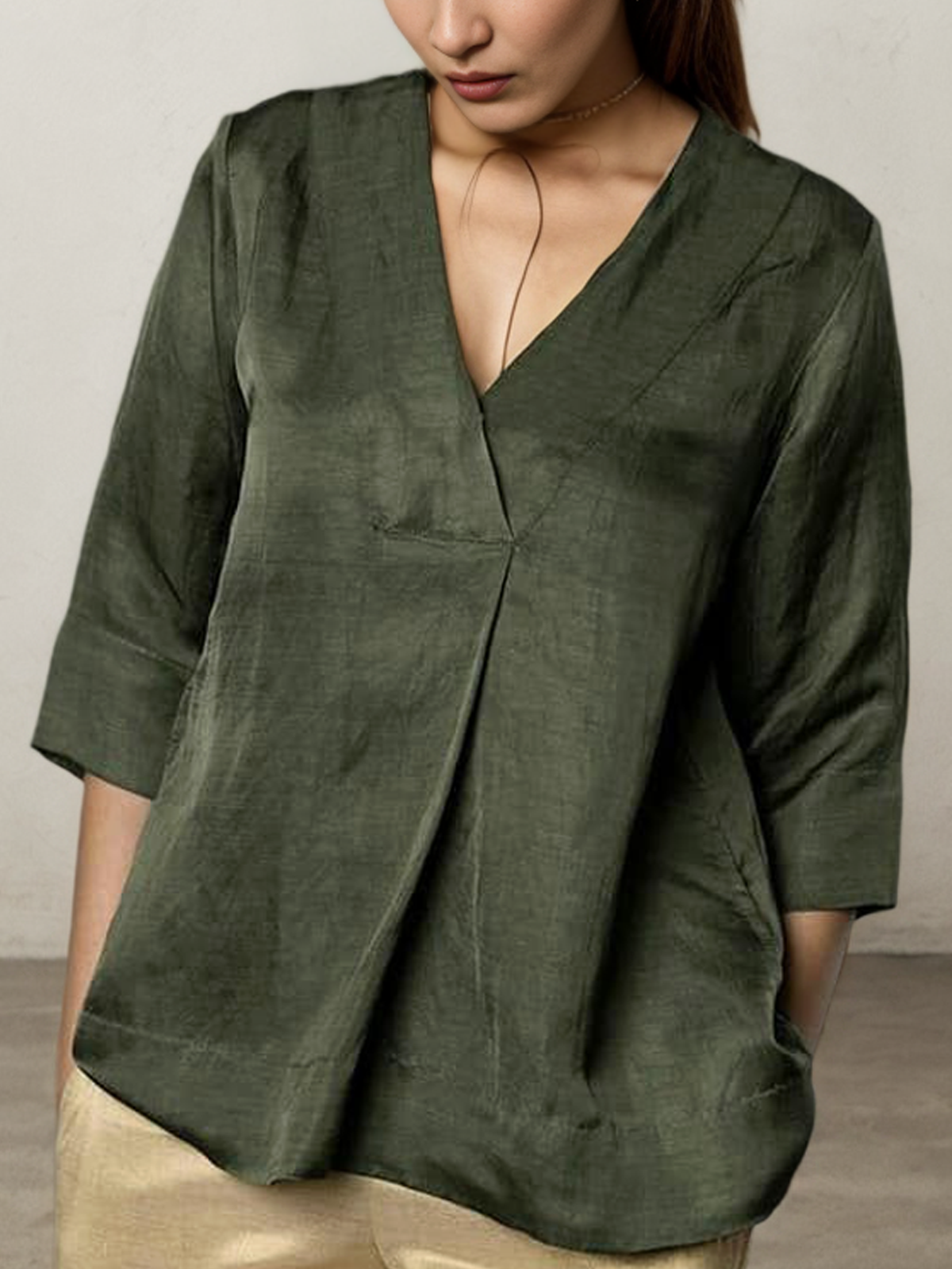 Cotton And Linen V Neck Plain Three Quarter Sleeve Blouse