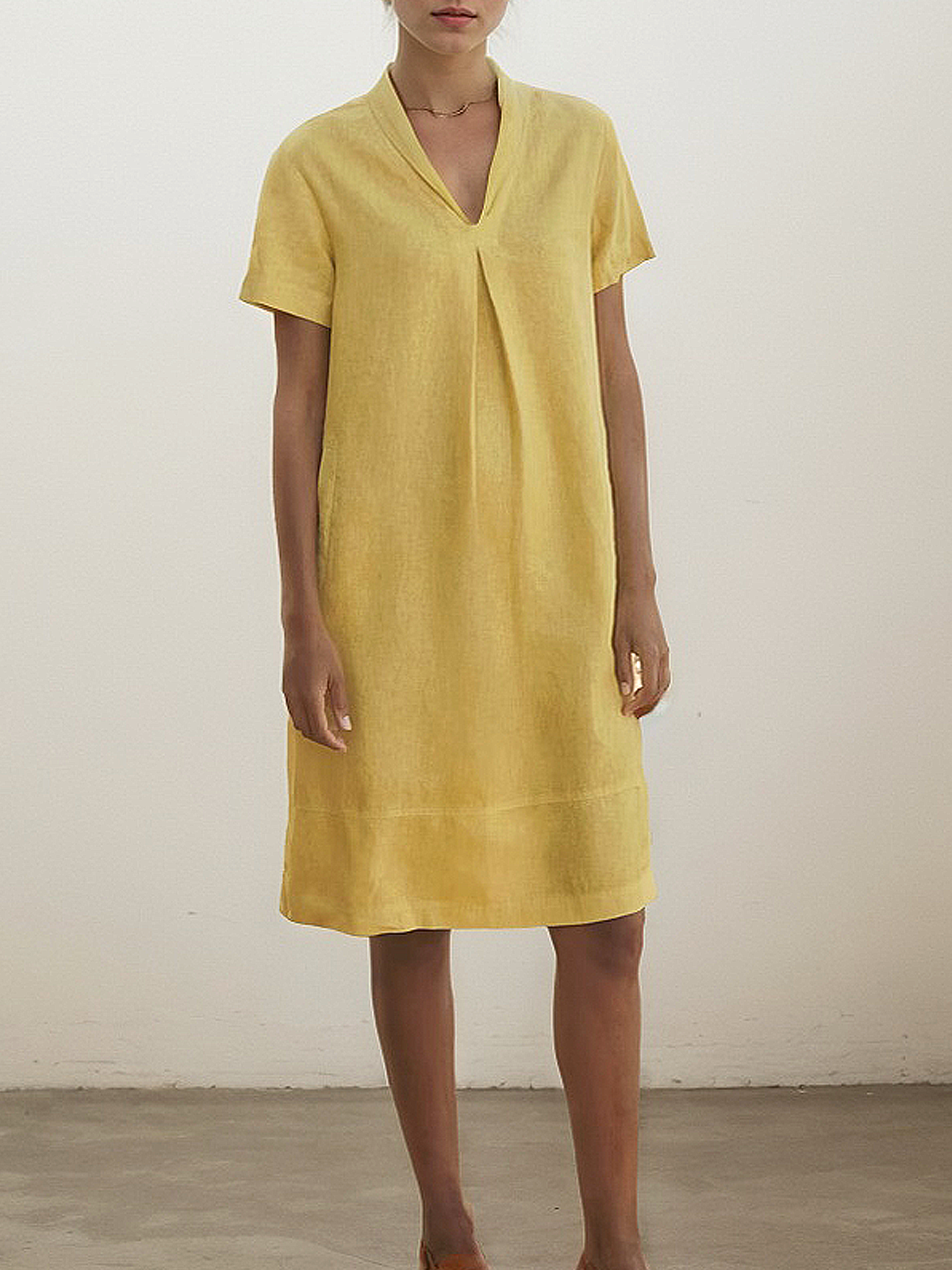 Linen Shawl Collar Plain Short Sleeve Mini Dress