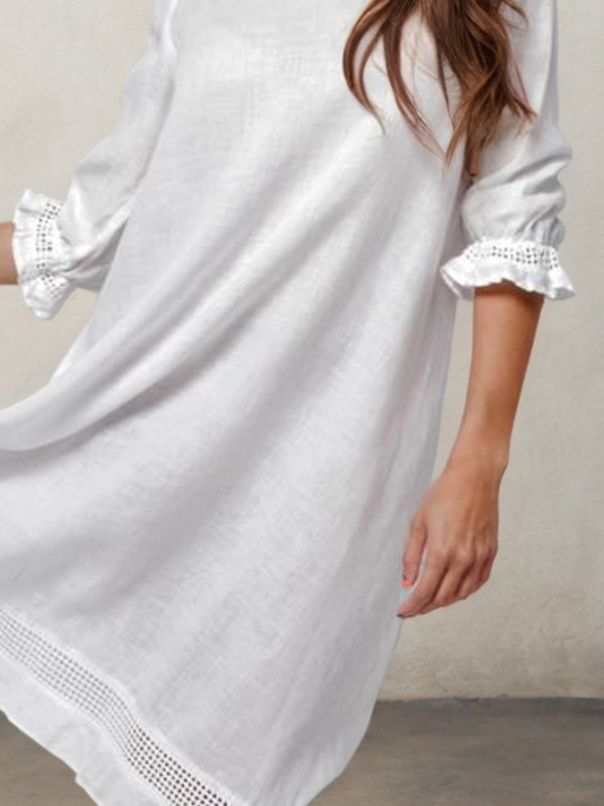 Cotton And Linen Crew Neck Plain Half Sleeve Mini Dress